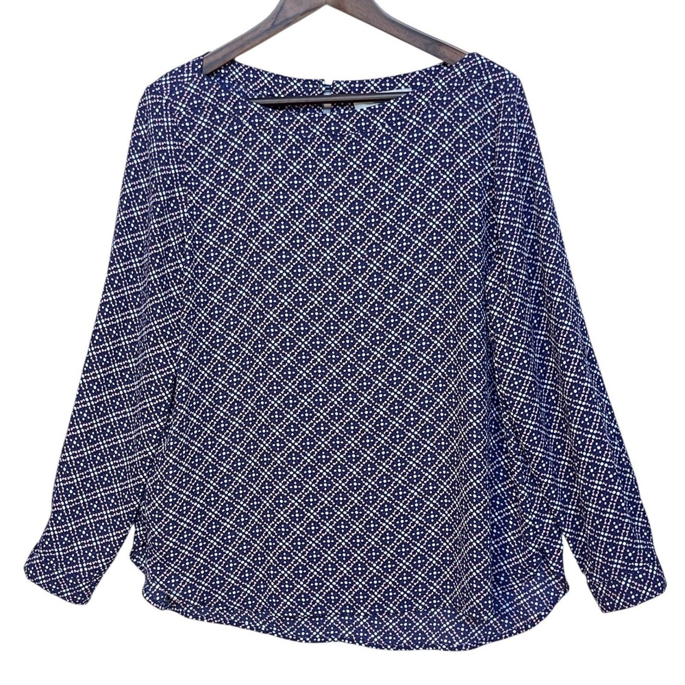 LOFT Petites Navy Blue Geometric Dot Roll Tab Long Sleeve Blouse LP 430048